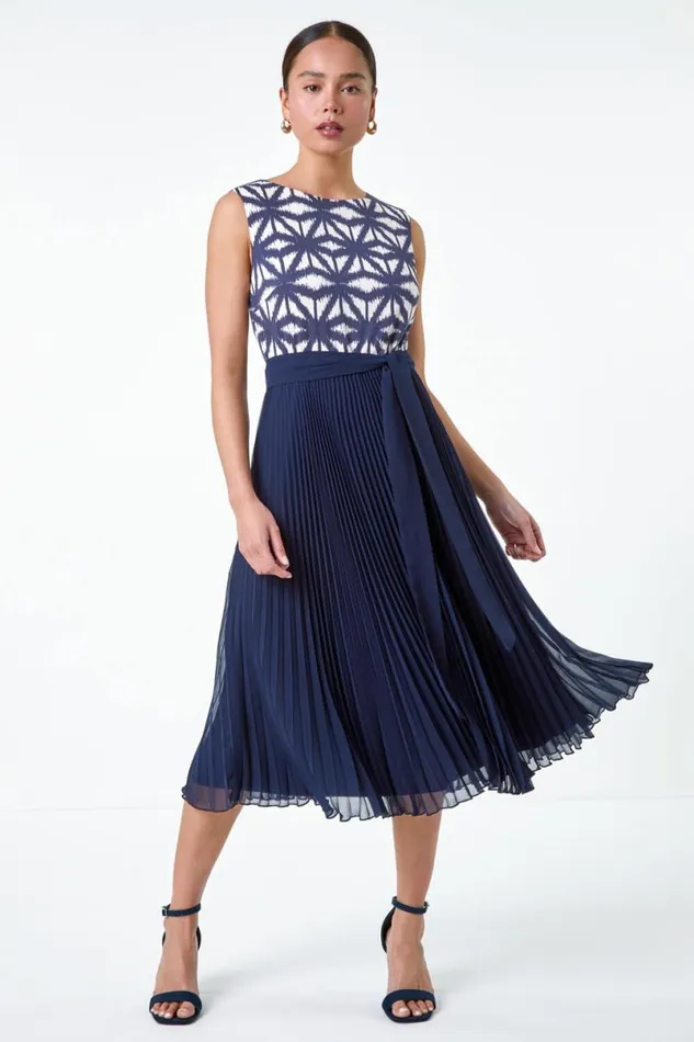 Navy Petite Geometric Print Pleated Midi Dress Women Roman Dresses