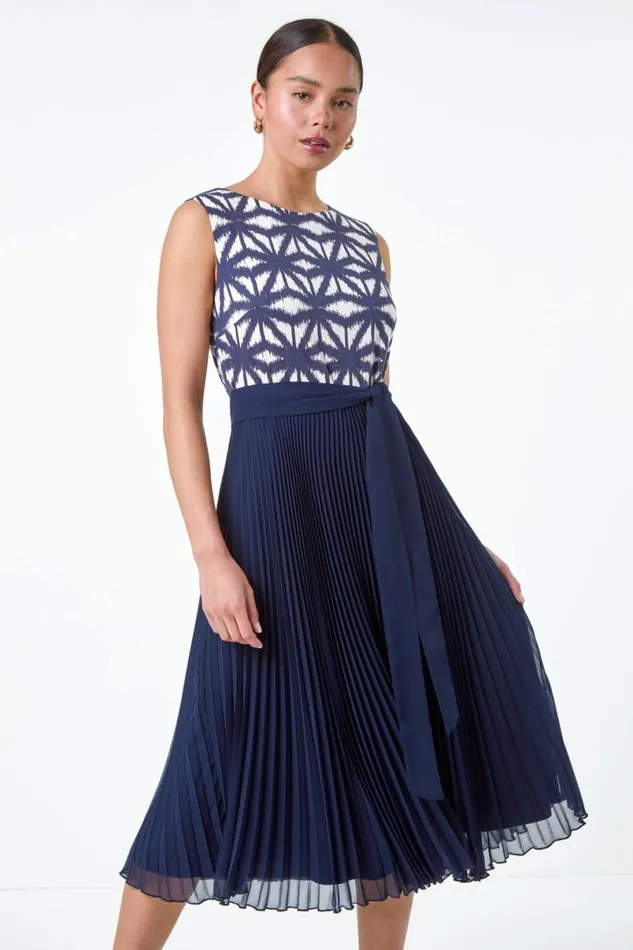 Navy Petite Geometric Print Pleated Midi Dress Women Roman Dresses