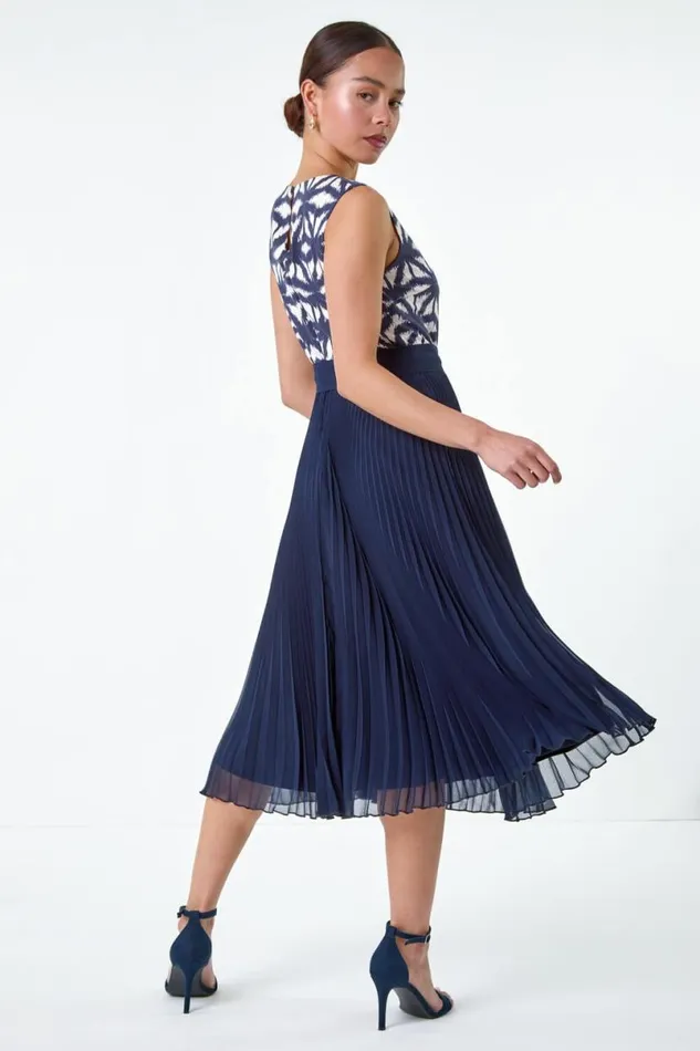 Navy Petite Geometric Print Pleated Midi Dress Women Roman Dresses