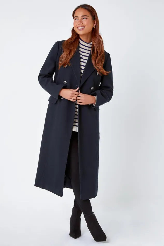 Navy Petite Longline Belted Military Coat Women Roman Jackets