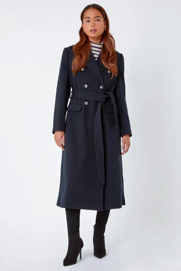 Navy Petite Longline Belted Military Coat Women Roman Jackets