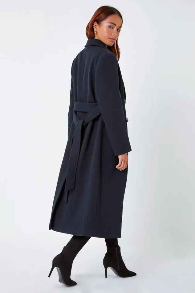 Navy Petite Longline Belted Military Coat Women Roman Jackets