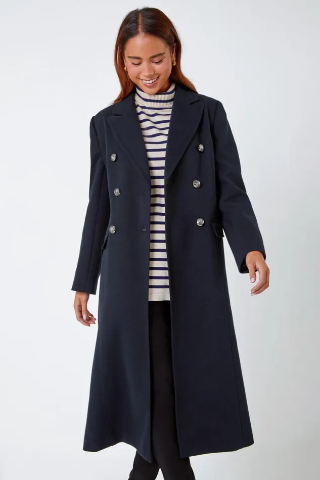 Navy Petite Longline Belted Military Coat Women Roman Jackets