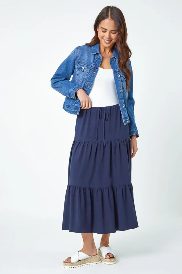 Navy Petite Plain Tiered Stretch Midi Skirt Women Roman Skirts