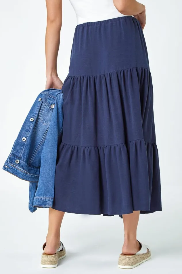 Navy Petite Plain Tiered Stretch Midi Skirt Women Roman Skirts