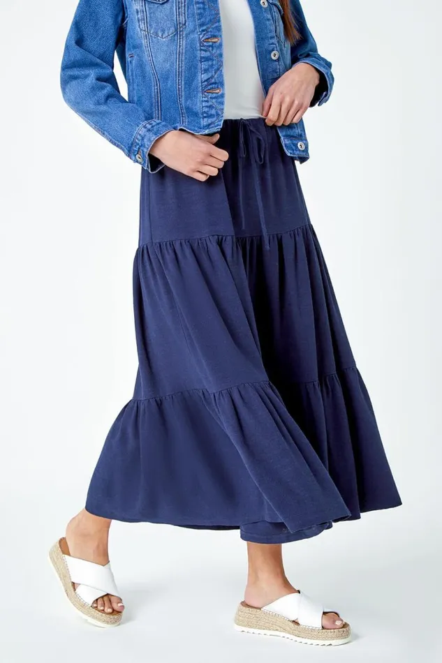 Navy Petite Plain Tiered Stretch Midi Skirt Women Roman Skirts