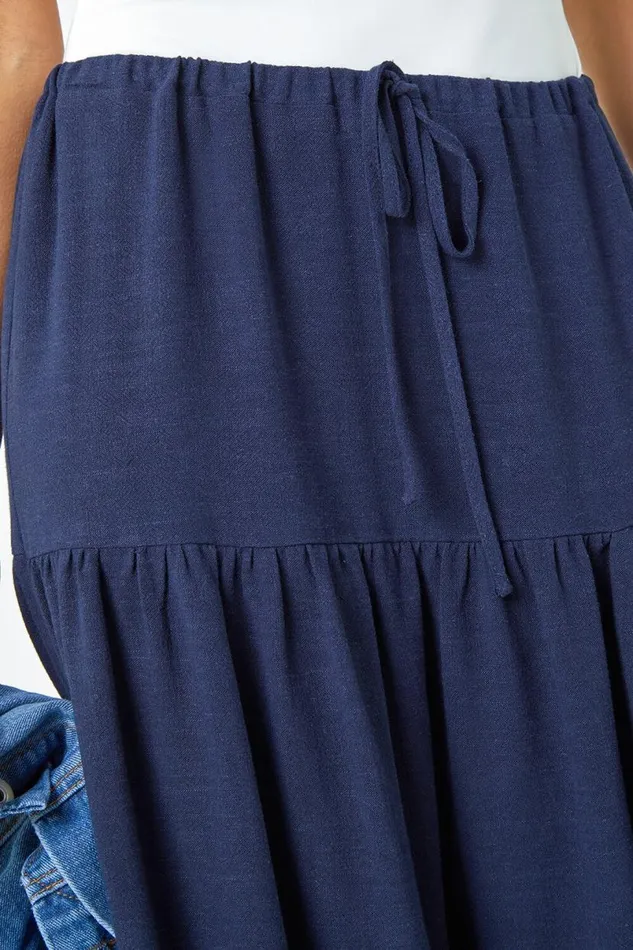 Navy Petite Plain Tiered Stretch Midi Skirt Women Roman Skirts