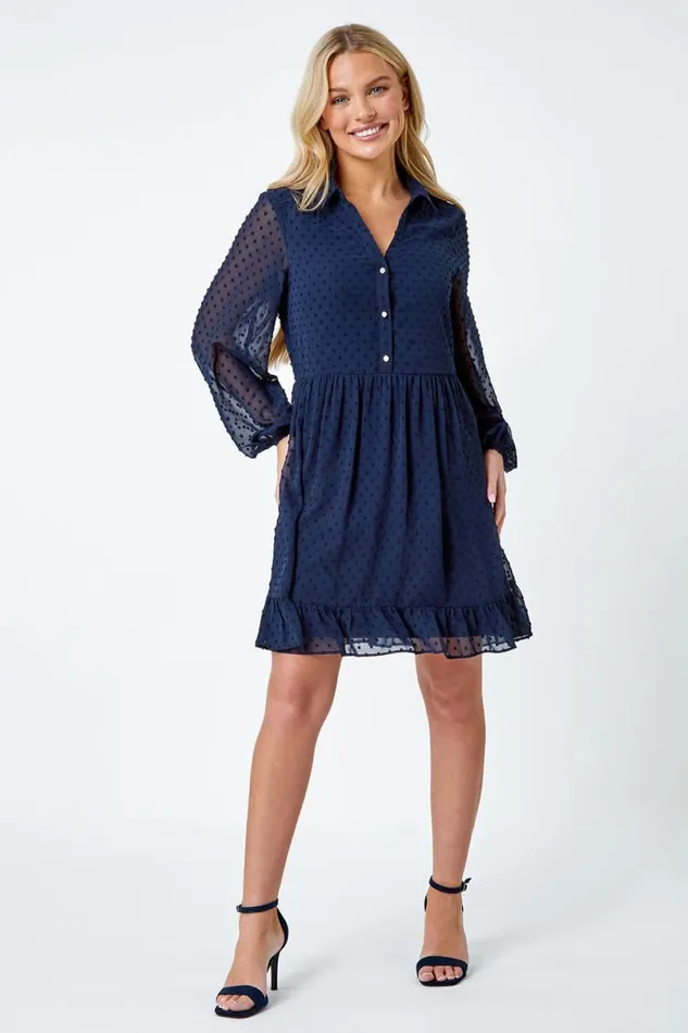 Navy Petite Textured Spot Tiered Frill Hem Dress Women Roman Dresses
