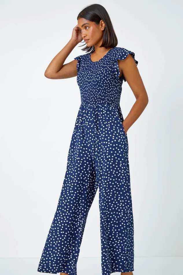 Navy Polka Dot Shirred Pocket Jumpsuit Women Roman Jumpsuits and Playsuits