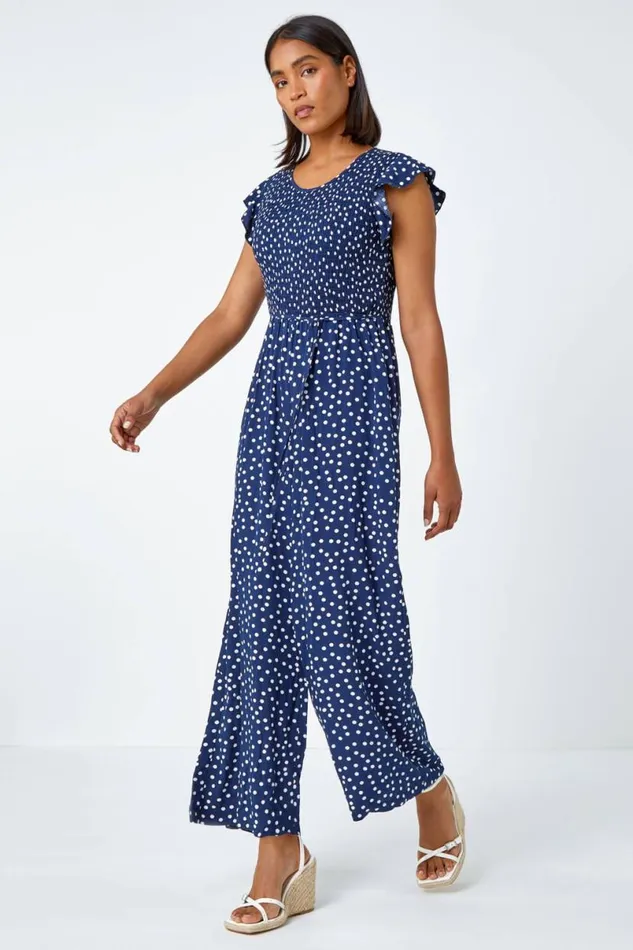 Navy Polka Dot Shirred Pocket Jumpsuit Women Roman Jumpsuits and Playsuits