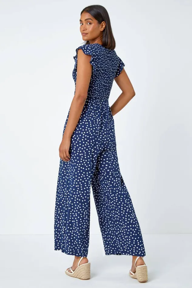 Navy Polka Dot Shirred Pocket Jumpsuit Women Roman Jumpsuits and Playsuits