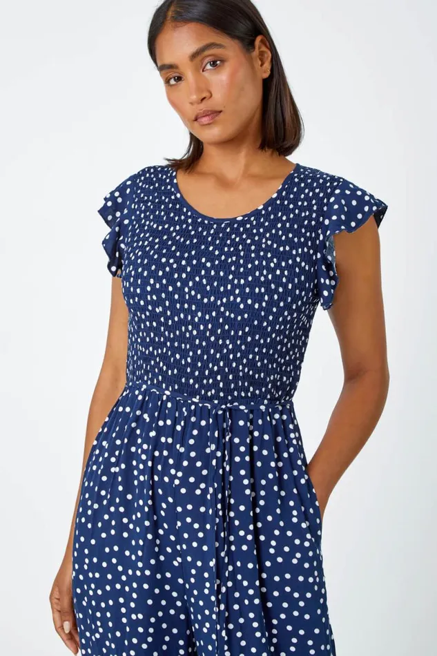 Navy Polka Dot Shirred Pocket Jumpsuit Women Roman Jumpsuits and Playsuits
