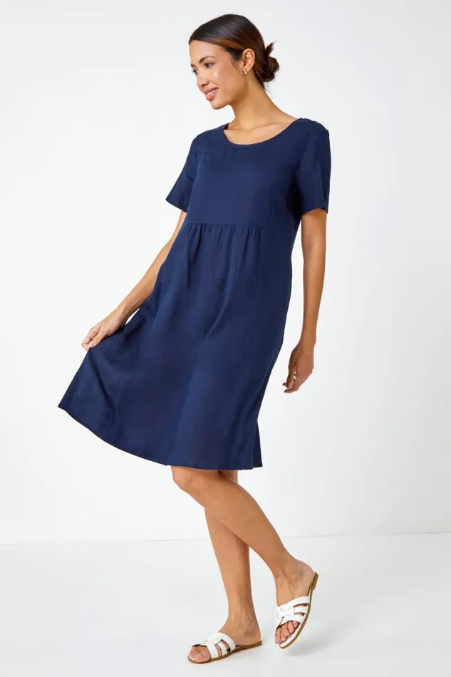 Navy Relaxed Cotton Blend Pocket Dress Women Roman Dresses