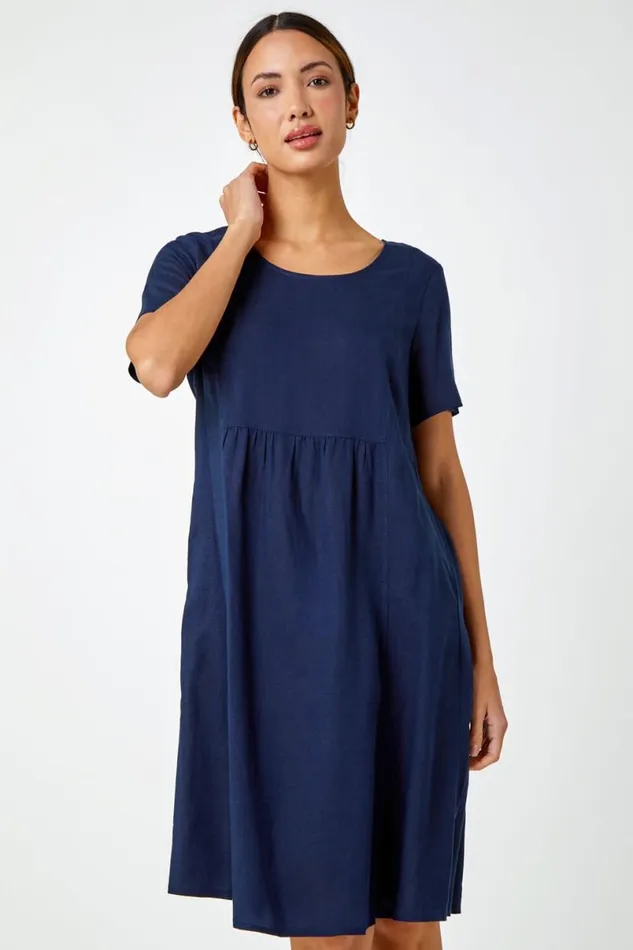 Navy Relaxed Cotton Blend Pocket Dress Women Roman Dresses