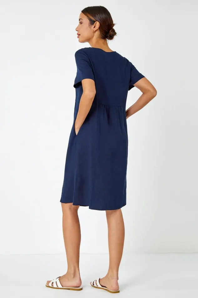 Navy Relaxed Cotton Blend Pocket Dress Women Roman Dresses