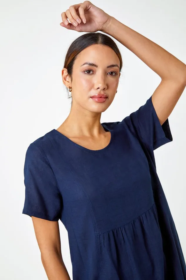 Navy Relaxed Cotton Blend Pocket Dress Women Roman Dresses