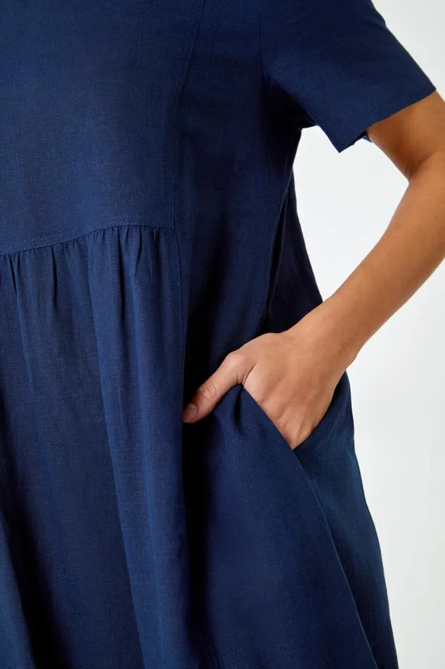Navy Relaxed Cotton Blend Pocket Dress Women Roman Dresses