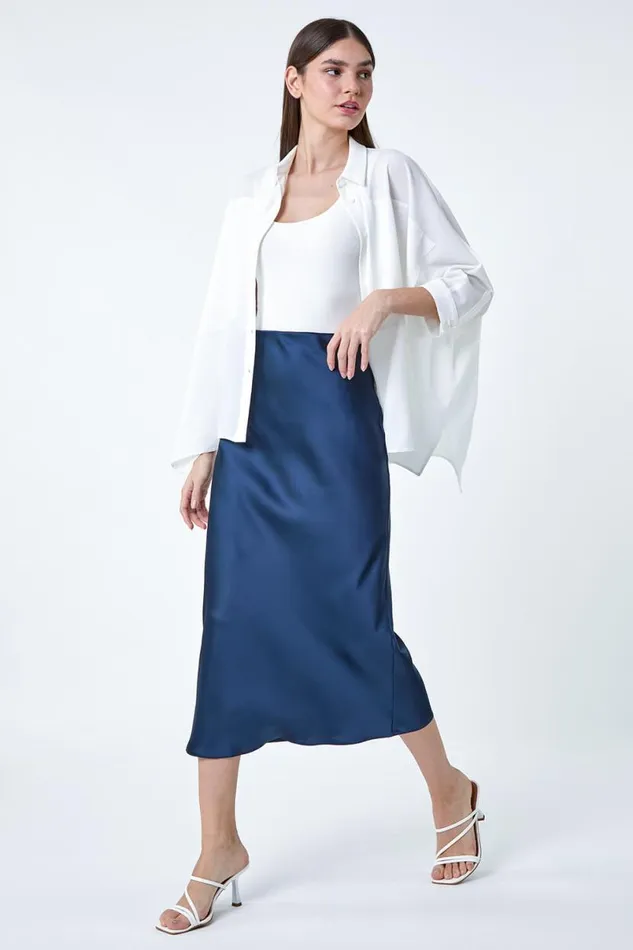 Navy Satin Bias Cut Elastic Waist Midi Skirt Women Roman Skirts
