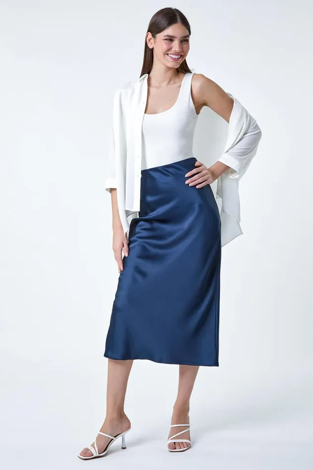 Navy Satin Bias Cut Elastic Waist Midi Skirt Women Roman Skirts