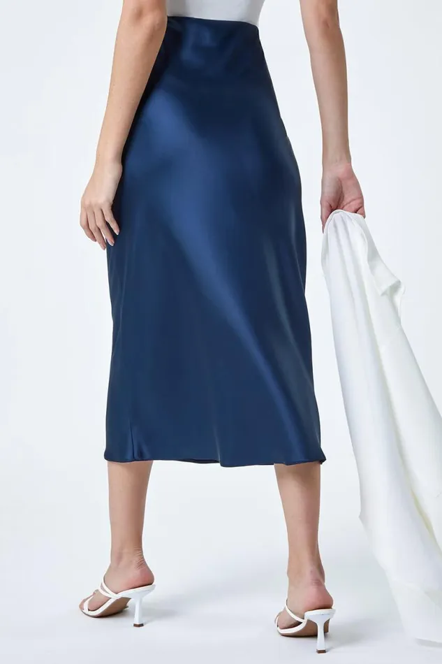 Navy Satin Bias Cut Elastic Waist Midi Skirt Women Roman Skirts