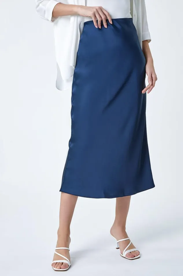 Navy Satin Bias Cut Elastic Waist Midi Skirt Women Roman Skirts