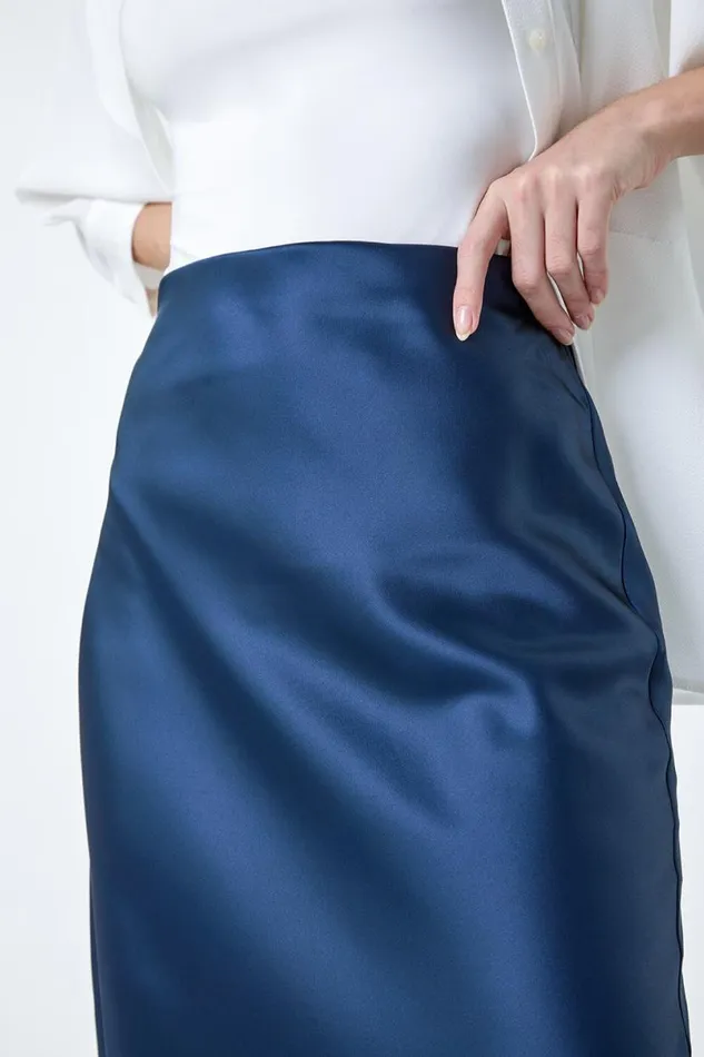 Navy Satin Bias Cut Elastic Waist Midi Skirt Women Roman Skirts
