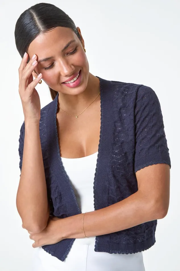 Navy Scalloped Shimmer Knitted Shrug Women Roman Knitwear