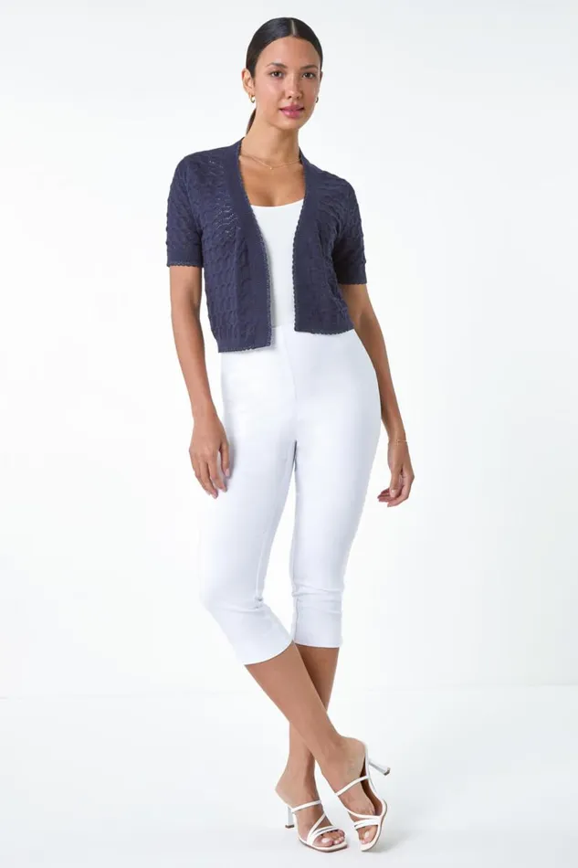 Navy Scalloped Shimmer Knitted Shrug Women Roman Knitwear