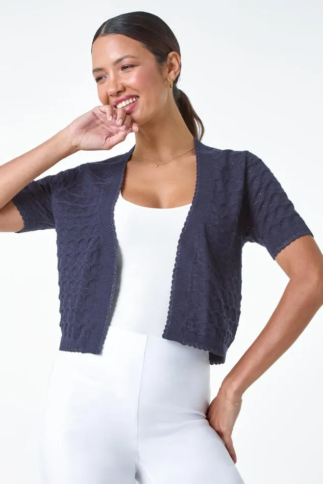 Navy Scalloped Shimmer Knitted Shrug Women Roman Knitwear
