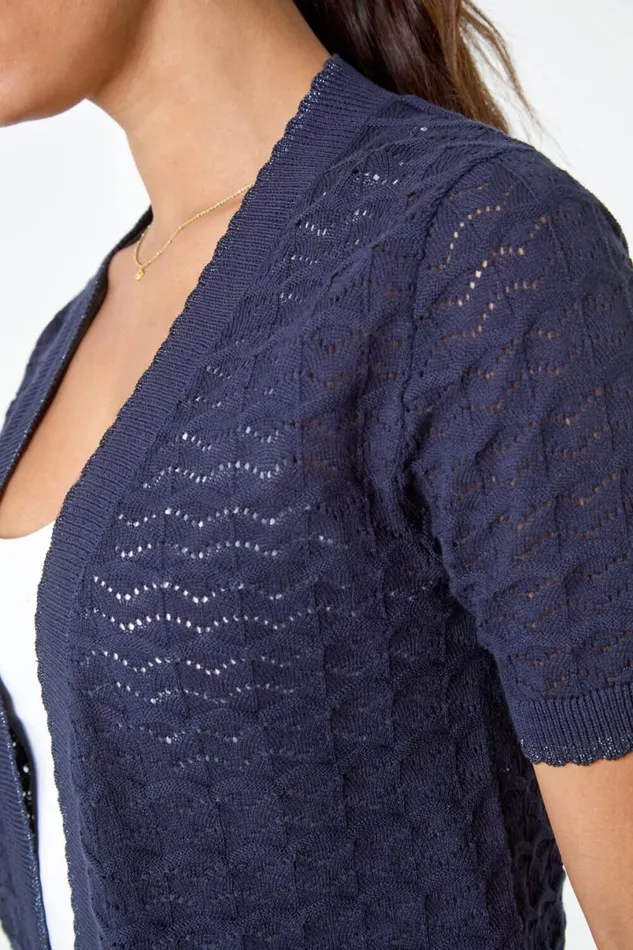 Navy Scalloped Shimmer Knitted Shrug Women Roman Knitwear