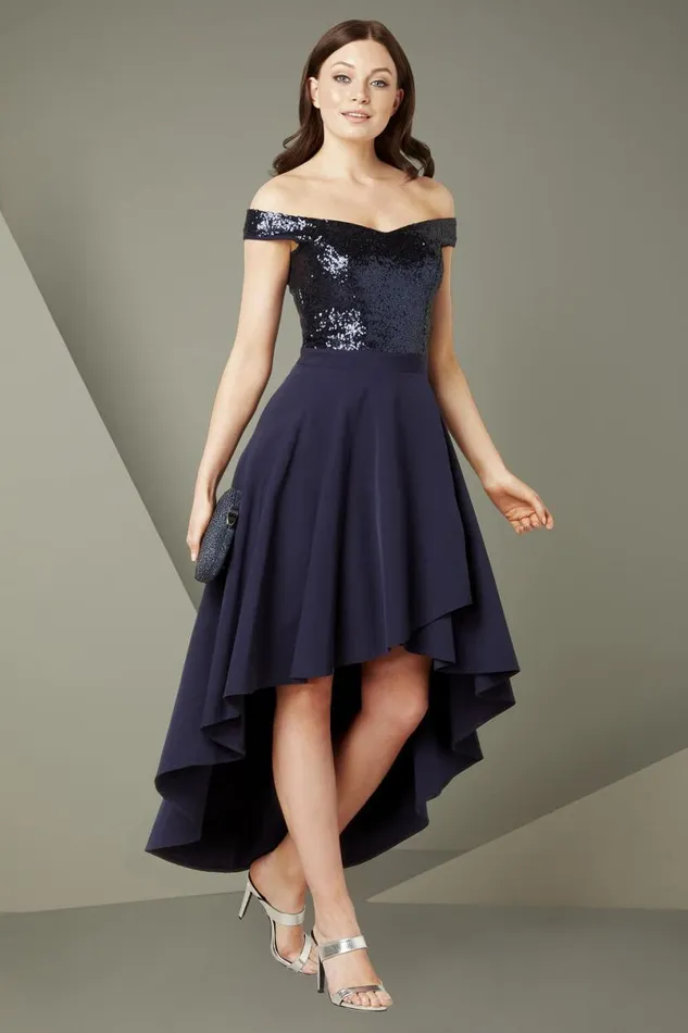 Navy Sequin Bardot Gown Women Roman Dresses