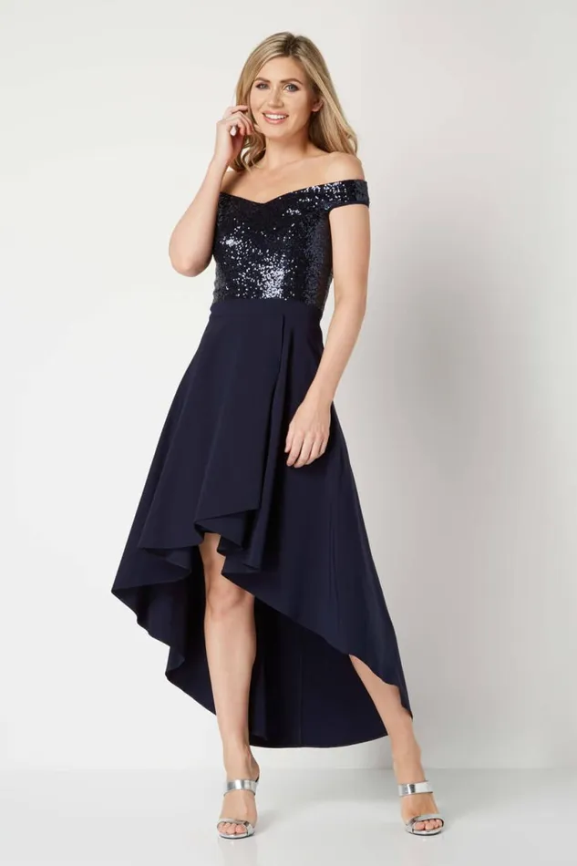 Navy Sequin Bardot Gown Women Roman Dresses