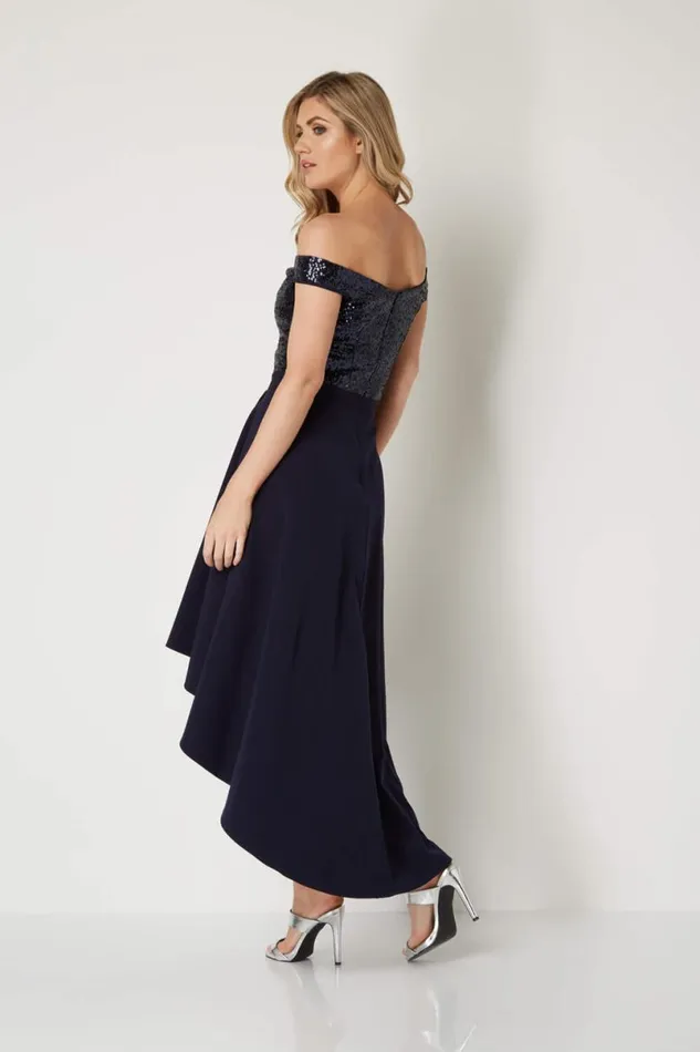 Navy Sequin Bardot Gown Women Roman Dresses