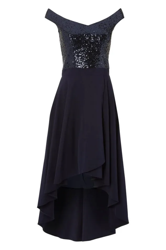 Navy Sequin Bardot Gown Women Roman Dresses