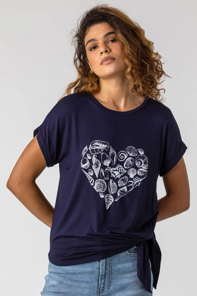 Navy Shell Heart Print Asymmetric Top Women Roman Tops