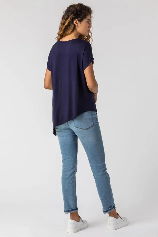 Navy Shell Heart Print Asymmetric Top Women Roman Tops