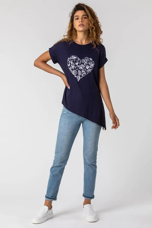 Navy Shell Heart Print Asymmetric Top Women Roman Tops