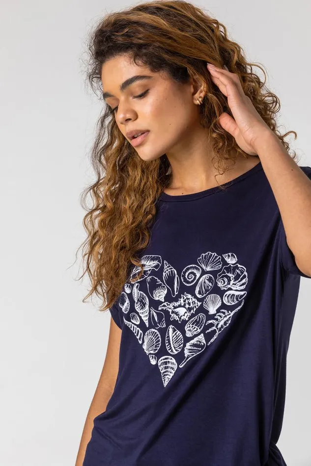 Navy Shell Heart Print Asymmetric Top Women Roman Tops