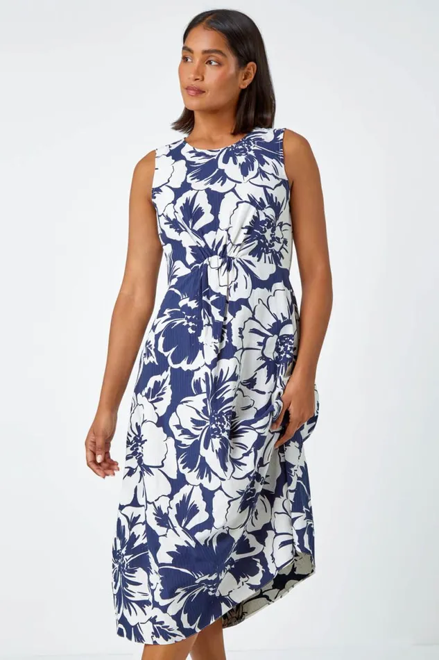 Navy Sleeveless Cotton Blend Floral Midi Dress Women Roman Dresses