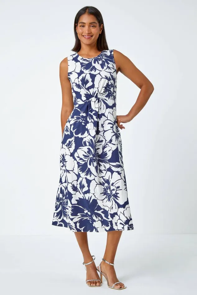 Navy Sleeveless Cotton Blend Floral Midi Dress Women Roman Dresses