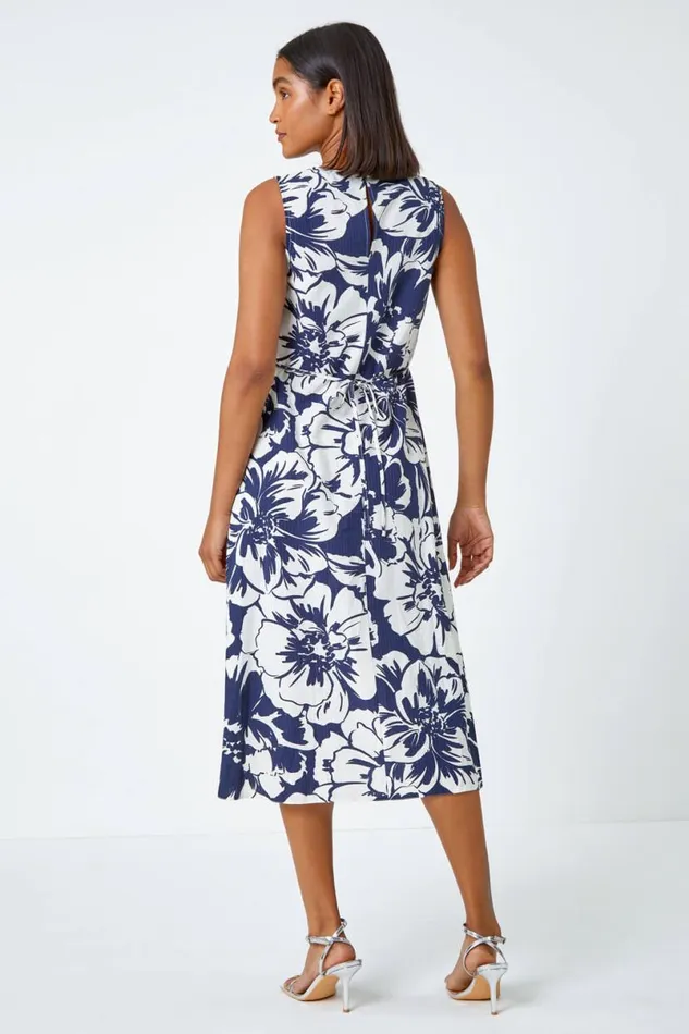 Navy Sleeveless Cotton Blend Floral Midi Dress Women Roman Dresses