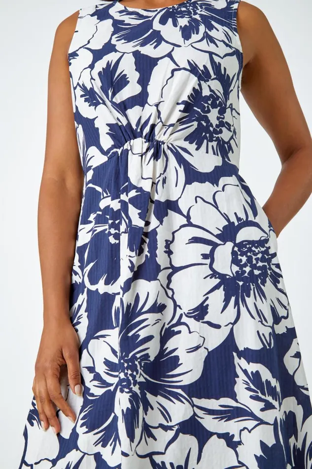 Navy Sleeveless Cotton Blend Floral Midi Dress Women Roman Dresses
