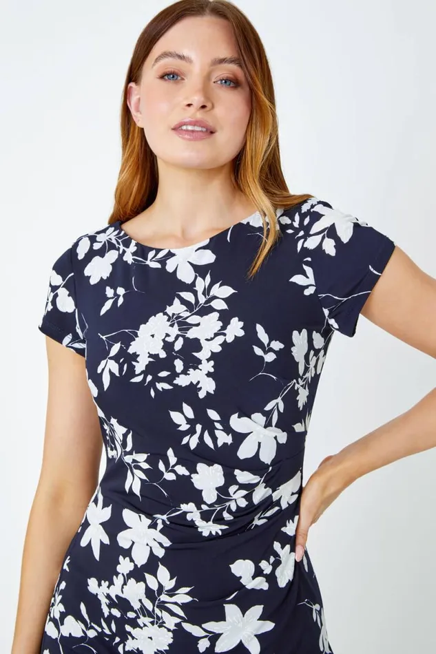 Navy Textured Floral Print Fitted Dress Women Roman Dresses