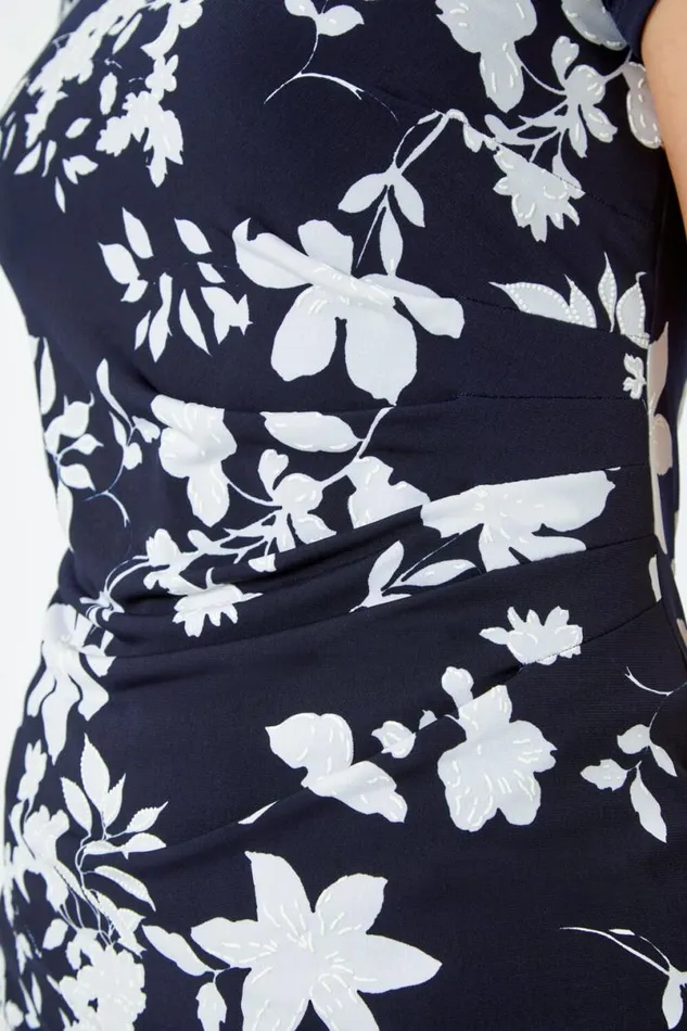 Navy Textured Floral Print Fitted Dress Women Roman Dresses