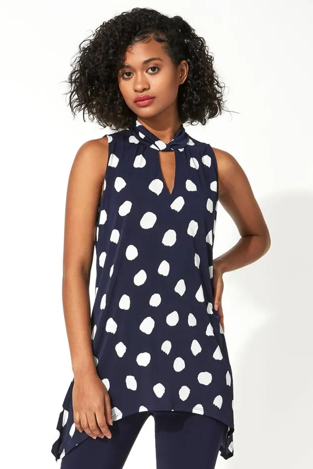 Navy Twist Neck Spot Stretch Vest Top Women Roman Tops