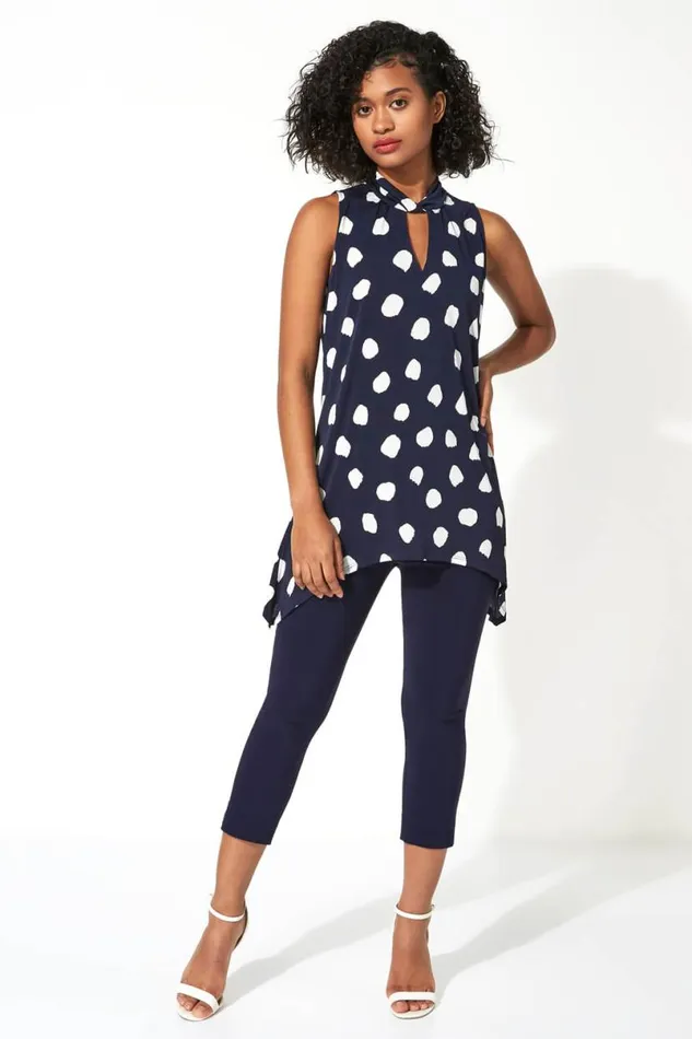 Navy Twist Neck Spot Stretch Vest Top Women Roman Tops
