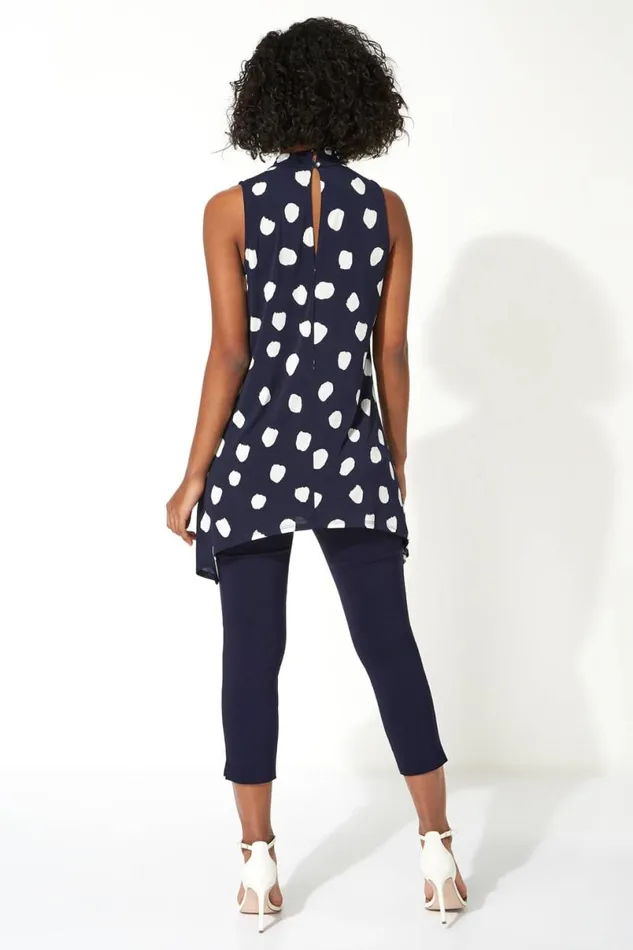 Navy Twist Neck Spot Stretch Vest Top Women Roman Tops