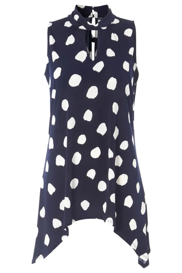 Navy Twist Neck Spot Stretch Vest Top Women Roman Tops