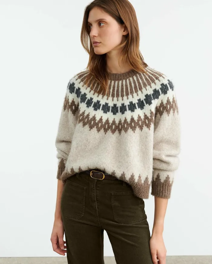 Nili Lotan ALENA SWEATER Oatmeal Fairisle Women Knits and Sweaters
