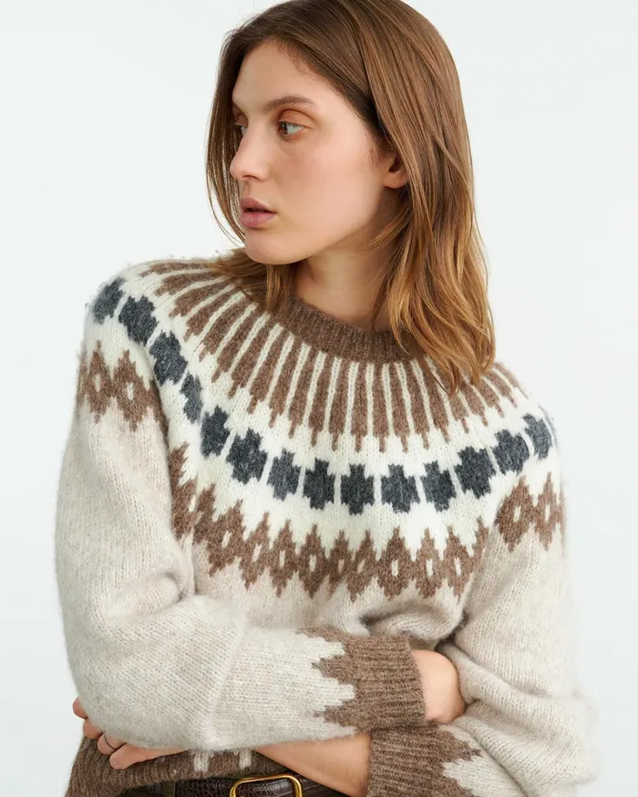 Nili Lotan ALENA SWEATER Oatmeal Fairisle Women Knits and Sweaters